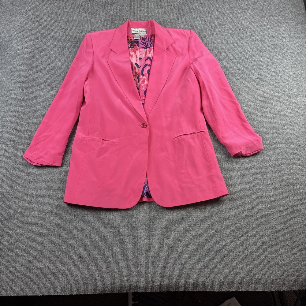 Diane‎ Gilman Blazer Womens Medium Pink Silk One Button Print Lining Long Sleeve